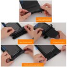 Step-by-step instructions for using a waterproof phone pouch. Hands are shown: opening the snap enclosure, placing a phone inside, closing the pouch, and locking the snap. Text guidance accompanies each step.