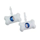Two white bone-shaped plastic dispensers with clips, each holding a roll of blue waste bags with red arrows indicating the direction to pull.
