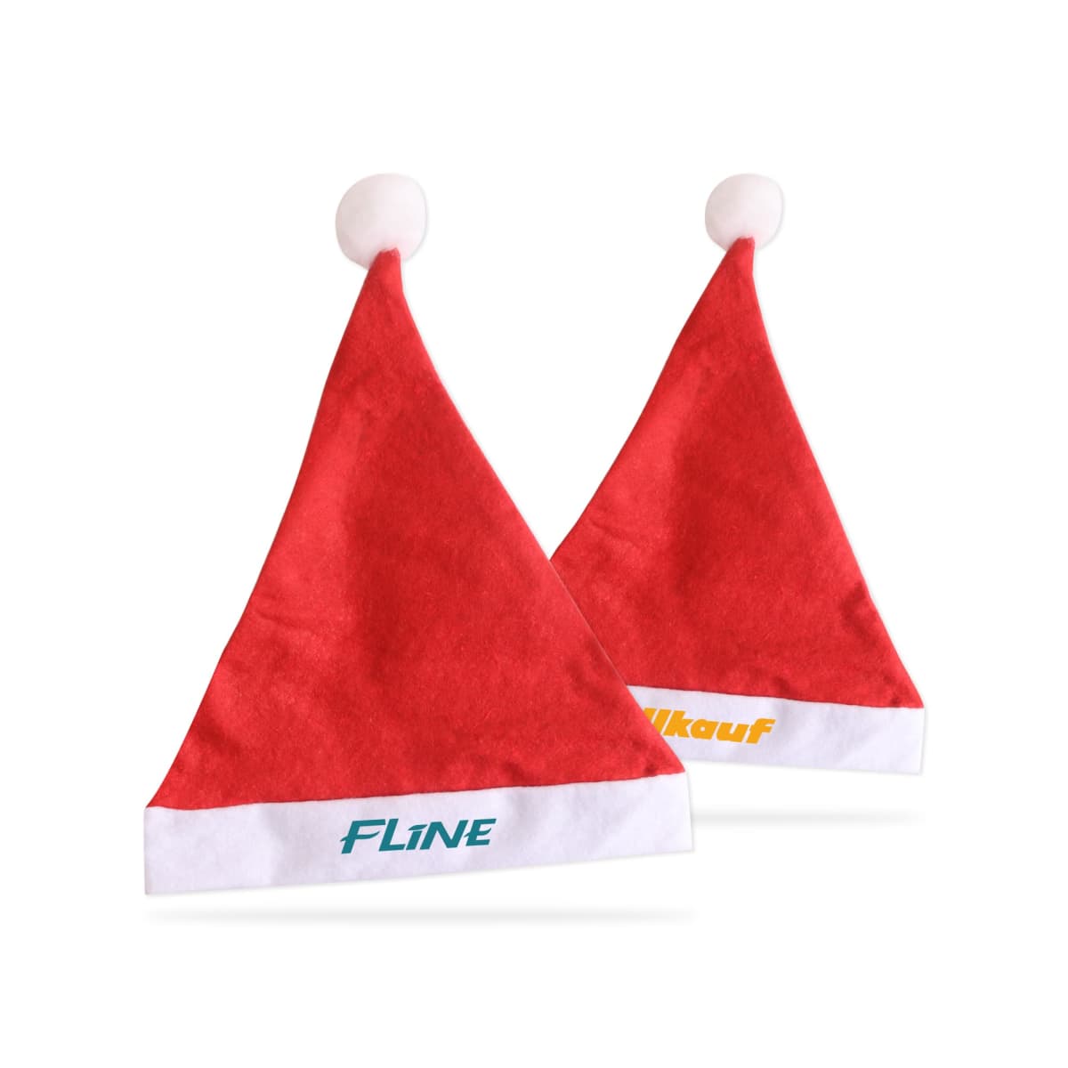 Two red Santa hats with white brims and pom-poms. One hat has the text Fline in blue on the brim, and the other has Folkauf in orange.