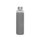 A clear glass water bottle with a silver metal cap and a gray silicone sleeve. The sleeve covers most of the bottles body, providing grip and protection. The bottle is standing upright against a plain white background.