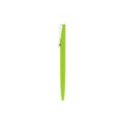 A slim, lime green pen with a silver clip, viewed from the side, set against a white background.