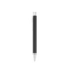 A black ballpoint pen with a silver tip and a transparent clip, set against a white background.