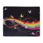 Colorful butterflies and a rainbow swirl design on a black background.