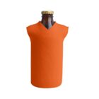 A brown glass bottle is covered with an orange fabric sleeve, shaped like a V-neck T-shirt, leaving only the neck and cap visible.