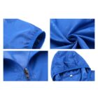 Collage of blue jacket details: upper left shows a sleeve with elastic cuff, upper right displays fabric texture, lower left features a zipper, and lower right highlights a hood. All sections exhibit a subtle diamond pattern.