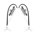 Two white teardrop-shaped banners with REMUS SPORTAUSPUFF and a wolf logo. They are supported by cross bases and angled inwards, forming an arch shape.
