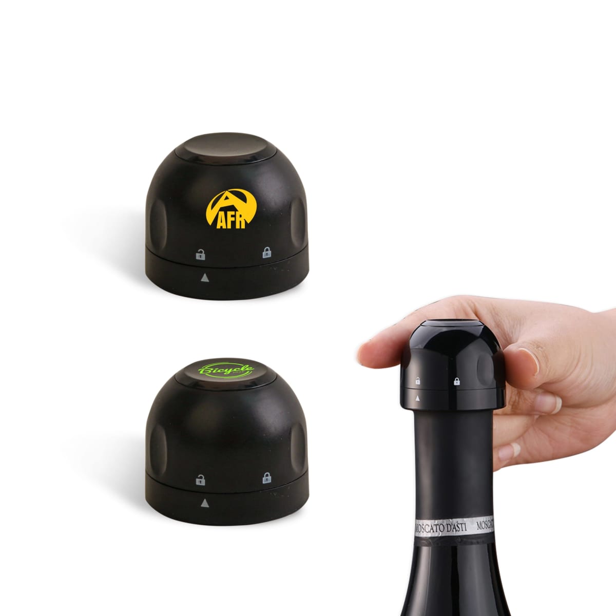 Hand placing a black bottle stopper on a wine bottle. Two additional black stoppers are shown above, each with a different logo. All stoppers have a small lock icon indicating a locking mechanism.