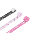 Three rolled ribbons are displayed. The top ribbon is black with a leopard pattern, the middle is white with pink butterflies, and the bottom is pink with Bland and stars in white text.