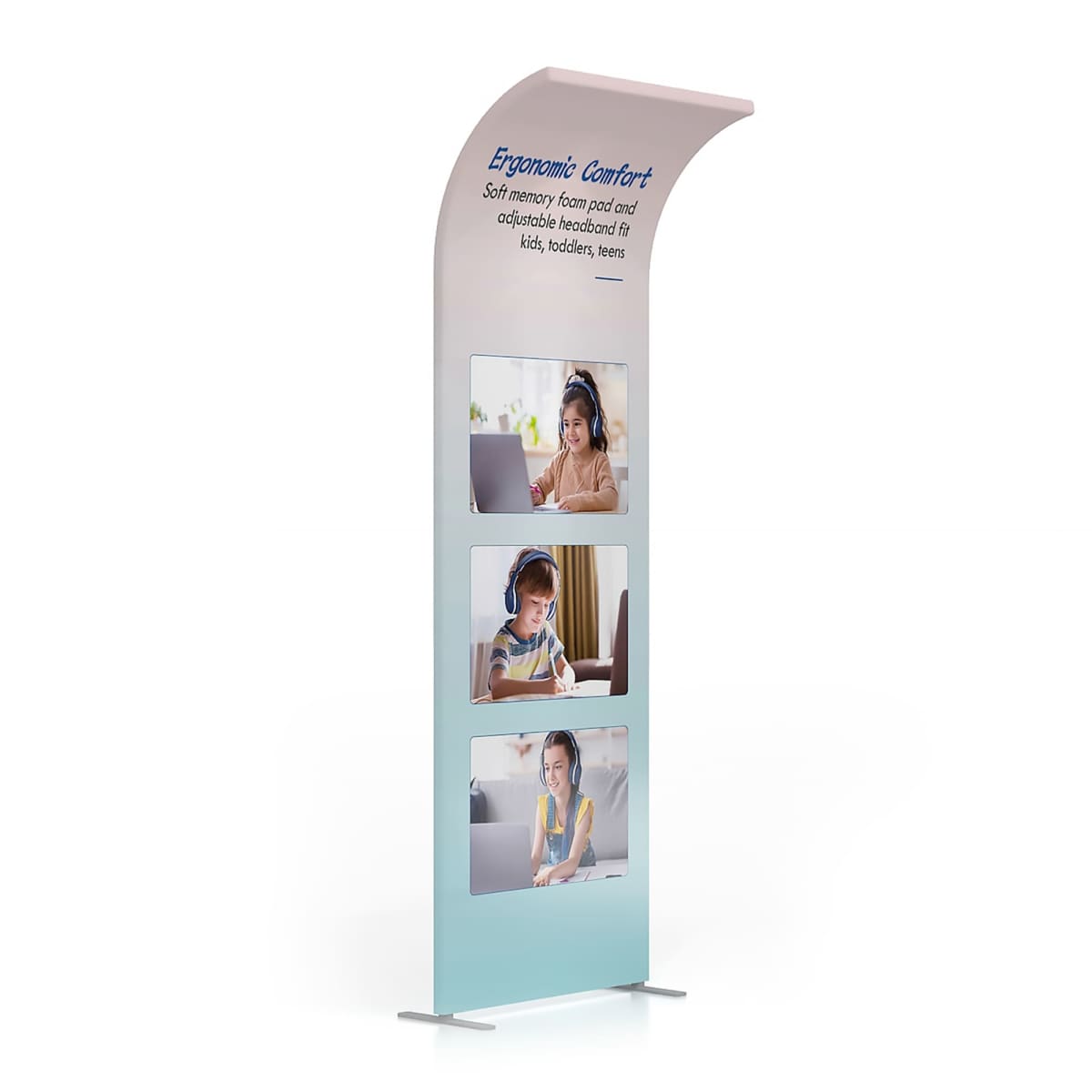A freestanding display with three photos of people using laptops. The text at the top reads Ergonomic Comfort: Soft memory foam pad and adjustable headband for kids, toddlers, teens. The design is sleek with a gradient from white to blue at the base.