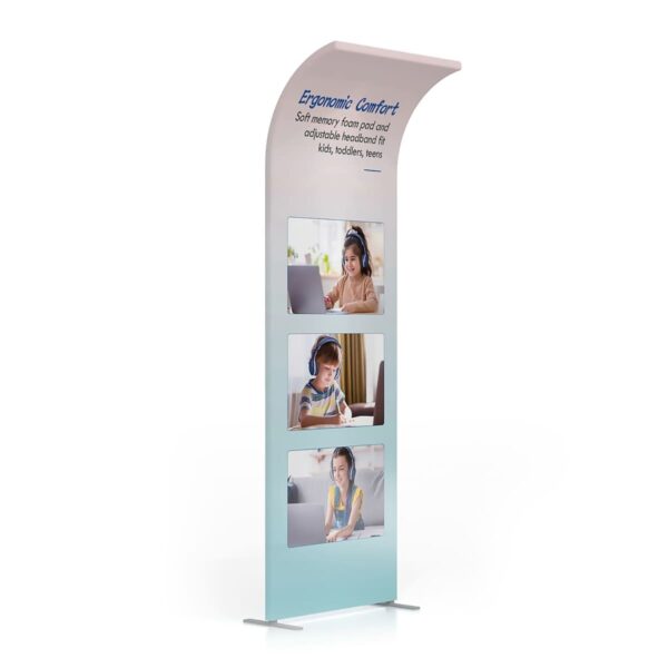A tall, curved display panel with the text Ergonomic Comfort at the top. It features three images of children wearing headphones and using laptops. The base is a gradient of light blue to white.