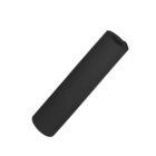 A rolled-up black yoga mat is shown against a white background.
