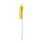 A yellow and white retractable ballpoint pen with a yellow clip, shown on a white background.