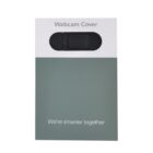 A black webcam cover is attached to a card with a gray and white background. The card has the text Webcam Cover at the top and Were smarter together at the bottom. The cover is designed to slide open and closed.