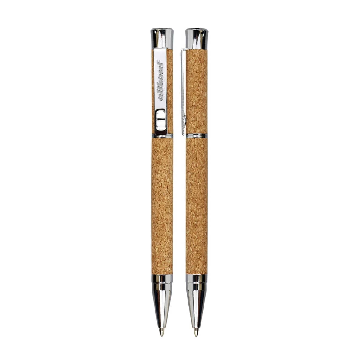 Two ballpoint pens with silver caps and tips, featuring a cork-textured grip body. The pens are positioned vertically side by side against a white background.