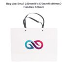 A white shopping bag with a twisted infinity logo in teal and magenta. The bag has black handles. Text above the bag details dimensions: Small 250mmW x 170mmH x 90mmD, Handles 120mm.