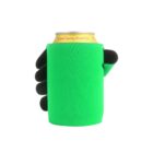 A black-gloved hand holds a can of Crystal Spring Peach Tea wrapped in a bright green can cooler. The focus is on the can and cooler, with a white background.