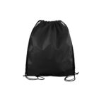 A black drawstring bag with thin black cords lying flat against a plain white background. The bag is slightly gathered at the top where the cords pull together, creating soft folds in the fabric.
