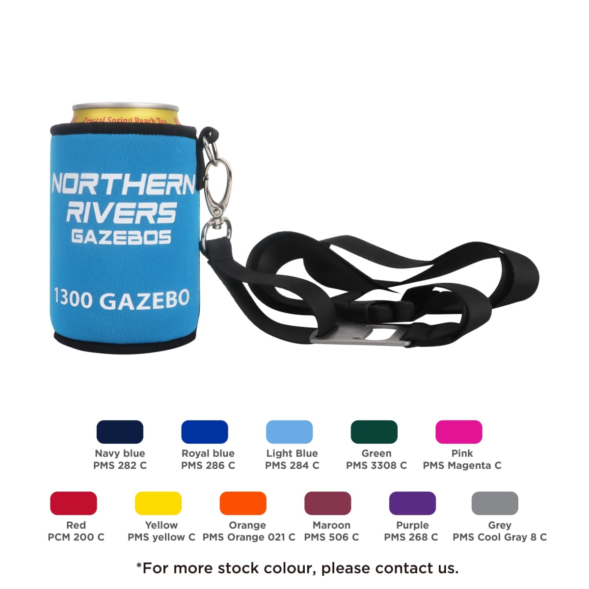 A blue can cooler with Northern Rivers Gazebos and 1300 GAZEBO printed in white holds a can. Attached is a black strap with a metal clip. Below are color options including red, yellow, orange, green, and more.