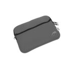 Grey zippered laptop sleeve with a smiley face logo on the lower-right corner. The sleeve has a two-zipper system along the top edge.