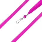 Close-up of a bright pink lanyard featuring a metal swivel hook clasp. The lanyards texture is visible, and its vibrant color contrasts with the white background.