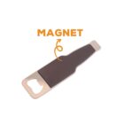 A bottle opener in the shape of a bottle with a black magnetic backing. An arrow and the word MAGNET in orange text highlight the magnet feature above the opener.