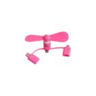 A small pink fan with two blades attached to a USB-C and Lightning adapter, designed for mobile devices.