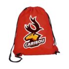 Red drawstring backpack featuring a stylized caribou logo with antlers and the word CARIBOU in bold letters beneath it. Black strings contrast with the vibrant color.