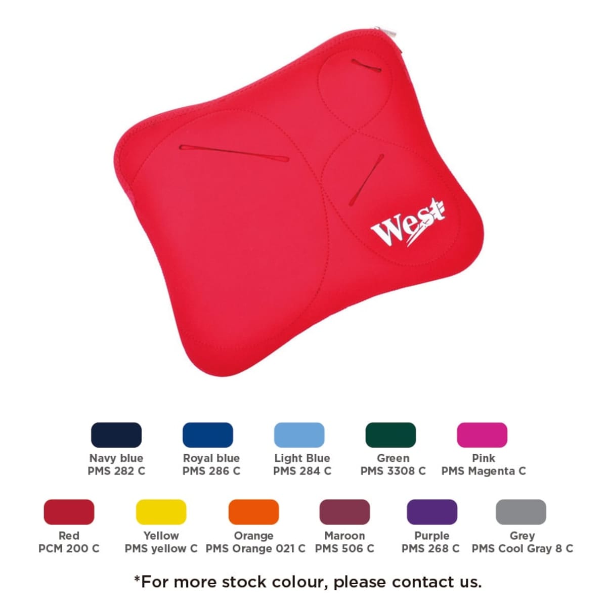 A red cushioned laptop sleeve with a zipper and West logo on the front. Below it, a palette displays various available colors, including navy blue, royal blue, light blue, green, pink, red, yellow, orange, maroon, purple, and grey, each with a PMS code.