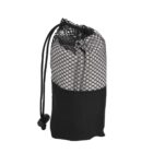 A rolled-up towel encased in a black mesh bag with a drawstring closure, isolated on a white background.