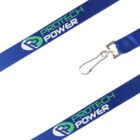 Blue lanyard with PROTECH POWER printed in green and white, featuring a metal clip at the end.