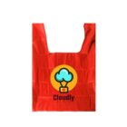 A red reusable shopping bag with the Cloudly Realty logo. The logo features a stylized cloud with a small red cross on an orange circle background, positioned in the center of the bag.