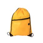 A bright yellow drawstring backpack with black cords and a front zipper pocket. It has a circular black patch with a plus symbol near the pocket. The bag is shown against a plain white background.