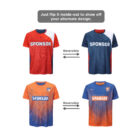 Image showing two reversible sports jerseys. The top set is red and blue with SPONSOR text, while the bottom set is orange and blue with logos. An arrow between them indicates they can be flipped inside-out to display alternate designs.