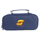 A blue pencil case with a handle, featuring a yellow pencil and ruler design and the word Stationery printed on the front.