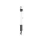 A retractable ballpoint pen with a clear barrel, gray rubber grip, and black clip is centered against a white background.