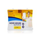 Display banner for a moving service, featuring a person holding a clipboard and a cardboard box, with graphics of moving-related icons. The text reads Move House Service with a call us button. The companys logo is at the top left.