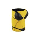 A yellow and black drink koozie with a design resembling a bikini top and bottom.