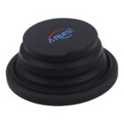 A collapsible black silicone lid with a blue and red logo featuring the word ARUISI. The lid is shown in a folded state, revealing its flexible ridged structure.