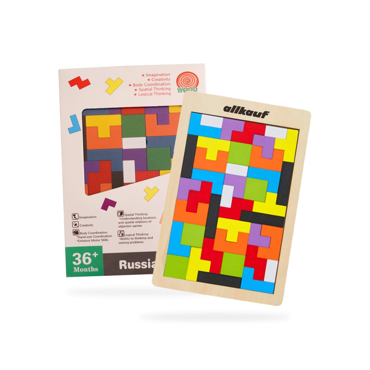 A colorful wooden puzzle is shown with an accompanying packaging box. The puzzle pieces are in various shapes and colors such as yellow, red, blue, and green. The box features similar designs and text highlighting developmental benefits.