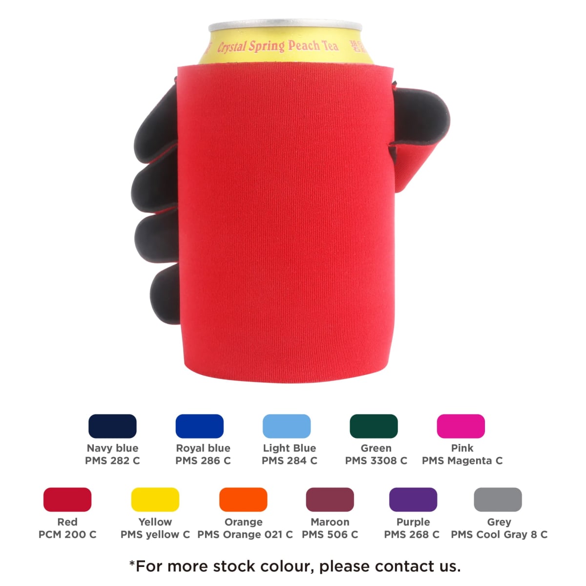 A hand holding a red can cooler with a beverage can inside. Below are color options for the cooler, including Navy blue, Royal blue, Light blue, Green, Pink, Red, Yellow, Orange, Maroon, Purple, and Grey, each displayed with a PMS color code.
