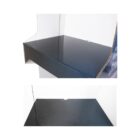 Two images show different angles of a black, glossy display shelf with cardboard sides. One image captures the shelf from the front left, and the other from the front right, highlighting its design and structure.