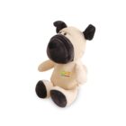 A plush toy resembling a dog with beige and dark brown coloring. It has floppy ears, a round dark snout, and wears a shirt with a colorful infinity symbol and the text Infinity Design.