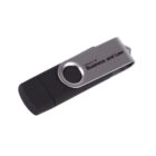 A USB flash drive with a black plastic body and a swiveling metallic cover. The cover is engraved with the words Faculty of Business and Law.
