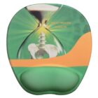 Mouse pad with an image of an hourglass filled with a human spine and pelvis illustration. The background is green with an orange wave. Text reads TRUST PROVEN RESULTS in the upper right corner.