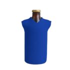 A beer bottle wearing a bright blue, sleeveless sweater that fits snugly around it, with the gold cap visible at the top. The sweater has a V-neck opening, giving the bottle a quirky and humorous appearance.