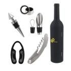 Wine accessory set resembling a black bottle, branded with a Brand logo. Includes a wine stopper, foil cutter, corkscrew, pourer, drip ring, and a bottle opener. Each item has a sleek, stainless steel and black design.