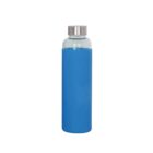 A transparent water bottle with a metallic cap is shown. It is encased in a blue protective silicone sleeve. The design is sleek and modern.