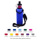 A blue water bottle with a black spout and a strap, encased in a blue sleeve. Below it are swatches displaying twelve colors, each labeled with a name and PMS code, including hues like navy blue, red, and grey.