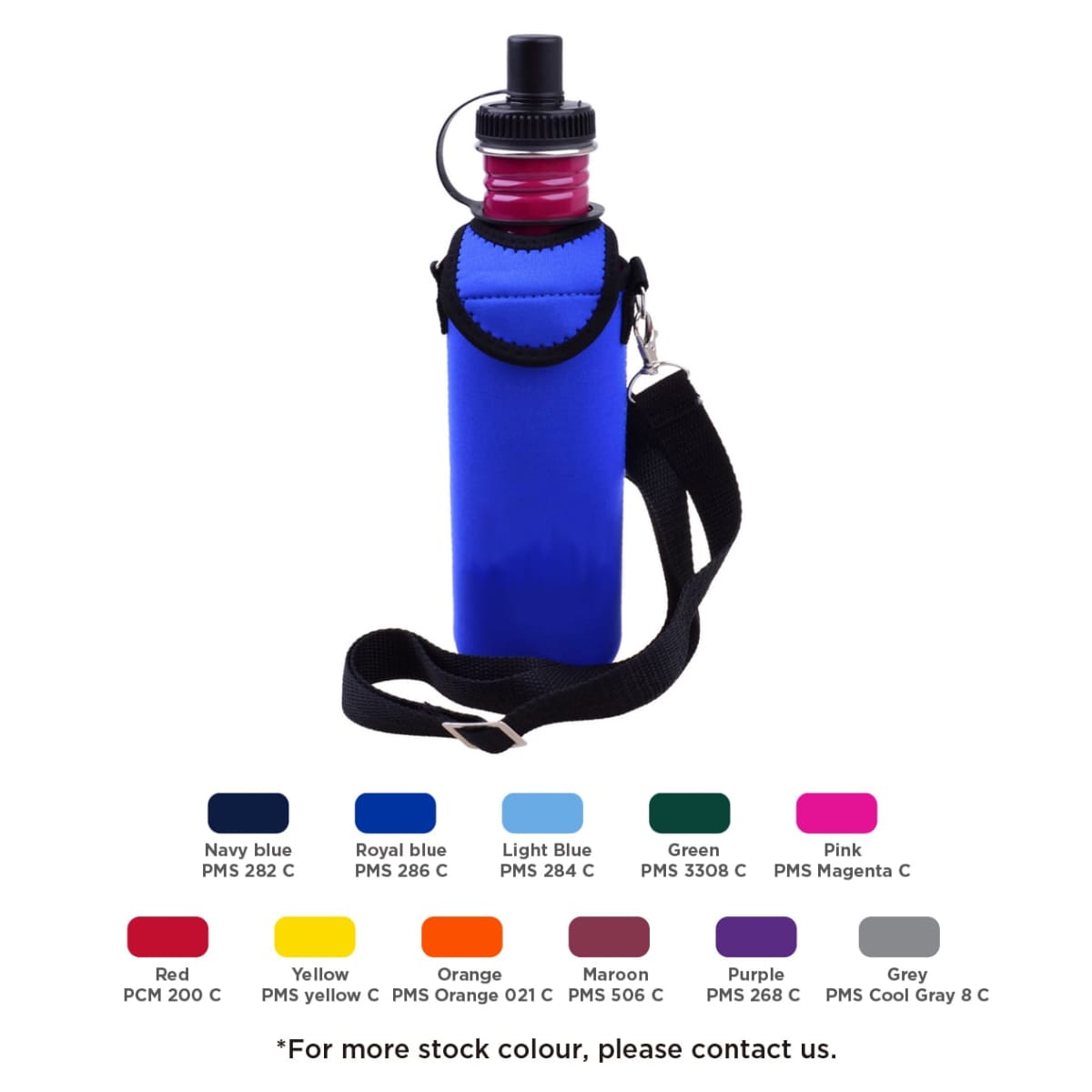 A blue water bottle with a black spout and a strap, encased in a blue sleeve. Below it are swatches displaying twelve colors, each labeled with a name and PMS code, including hues like navy blue, red, and grey.