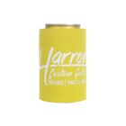 Yellow can cooler with white text reading Harrow Custom Guitars Repairs Parts Builds fitting snugly around a soda can.